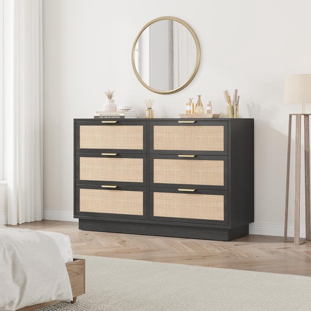 Garvee Commode en Rotin à 6 Tiroirs, Commode en Bois Naturel, pour Chambre, Couloir, Entrée, Garde-Robe, Noir