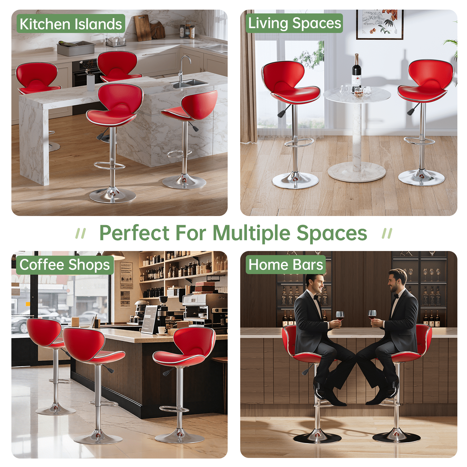 Bar Stools Set of 4, PU Leather Adjustable Swivel Bar Chairs for Kitchen Counter Island, Modern Armless Shell-Shaped Counter Height Stools for Dining Room Café Pub (Red)