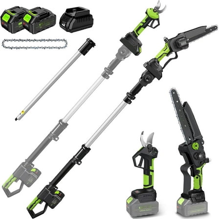 4-in-1 Pole Saw & Electric Pruning Shears, 8 Inch Pole Saws for Tree Trimming, Cordless Pruning Shears with 15ft Max Extension Pole, 2 * 4.0Ah Battery Powered Pole Saw Pole Pruner for Garden