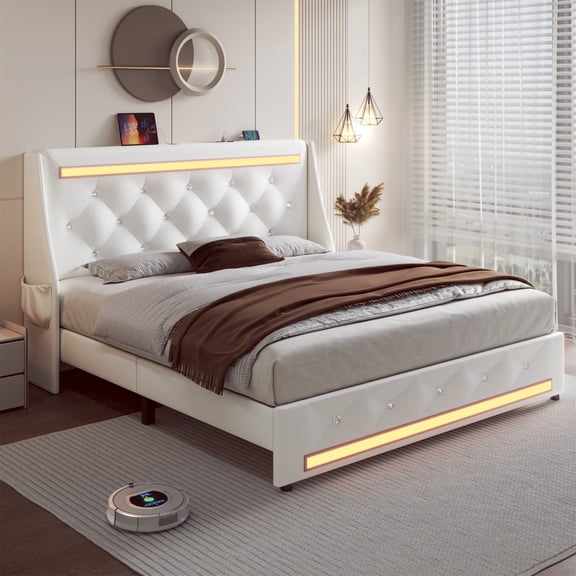 Holiway Queen Size LED Bed Frame with Upholstered Headboard, Wingback PU Leather Headboard with Charging Station, Diamond Tufting, White