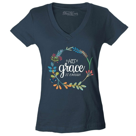 Shop4Ever Women's His Grace is Enough Slim Fit V-Neck T-Shirt Large Charcoal