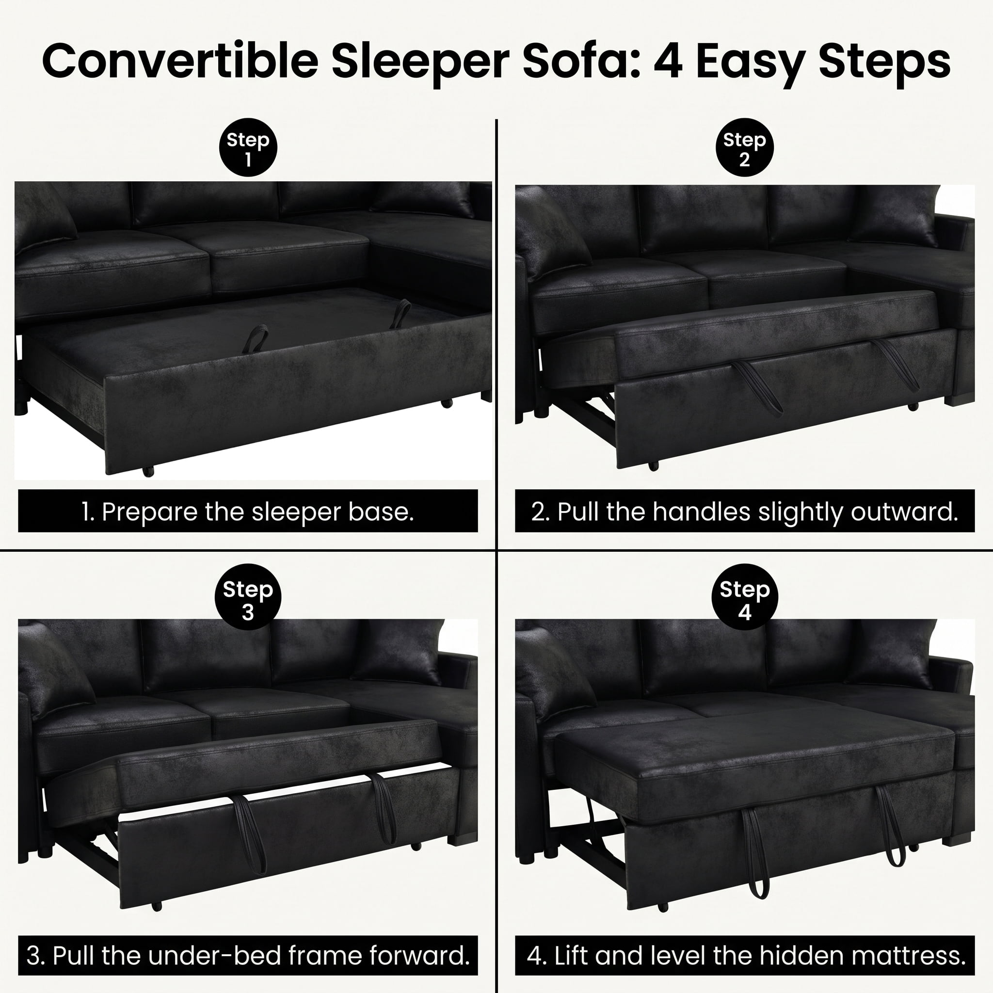 Howcool 94" Upholstered Sectional Sofa with Pull-Out Bed and Storage Chaise,Textured Fabric Sleeper Couch with USB Charger & Cup Holders for Living Room,Black