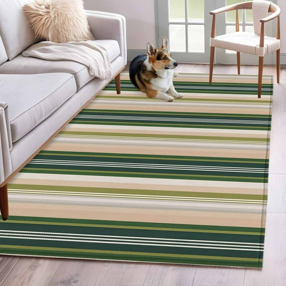 Green Brown Striped Area Rug 4x6 Washable Rug Non Slip Modern Stripes Art Farmhouse Large Area Rug Indoor Floor Carpet for Entryway Bedroom Kitchen Living Room Home Office Dining Room Nursery