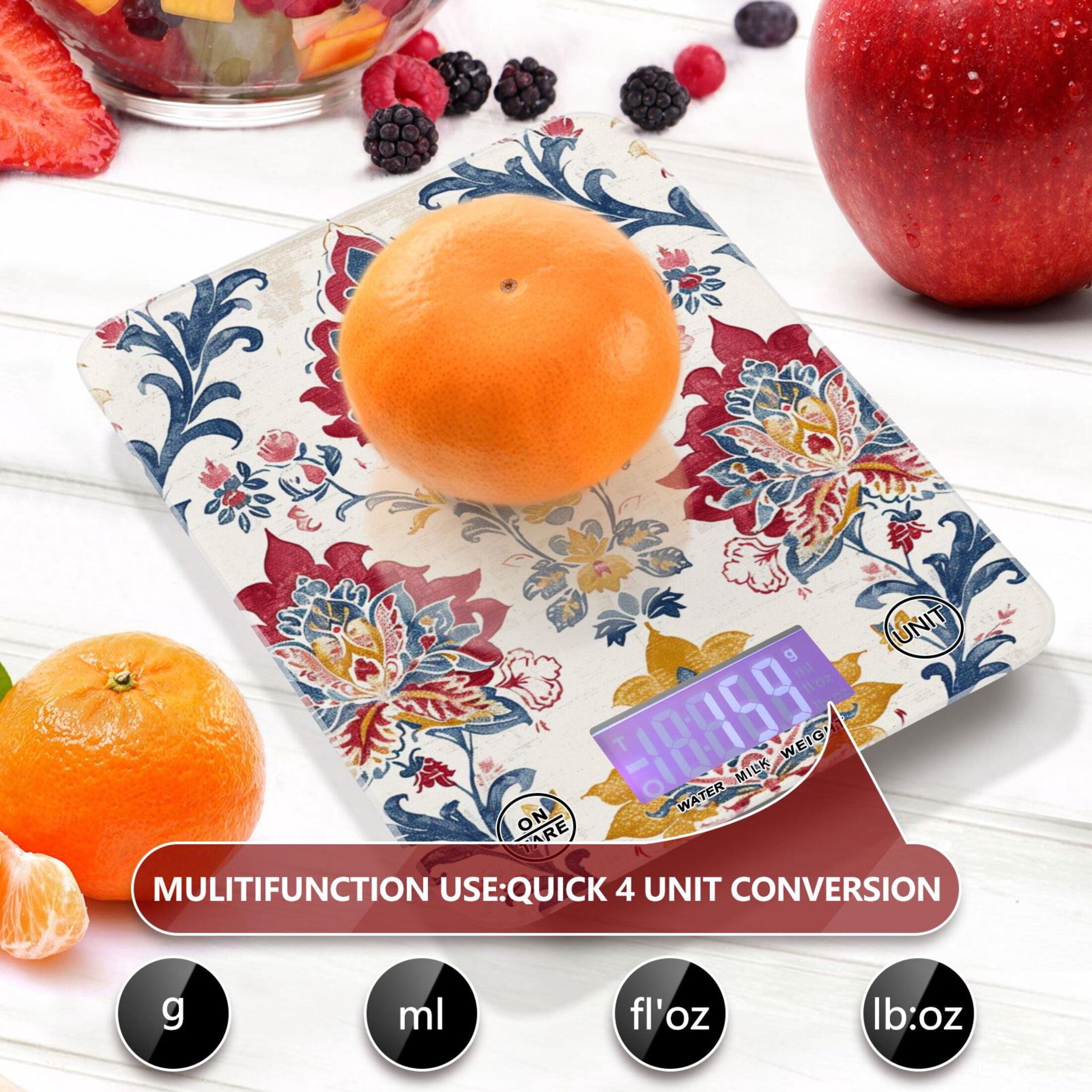 Totem Floral Vintage Food Scale Digital Kitchen Scale Waterproof Tempered Glass Tare Function 11 lb for Baking Cooking Meal Prep