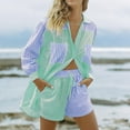 thumbnail image 2 of Shorts Sets For Women Long Sleeve Striped Color Matching Pocket Lapel Shirt Shorts Casual Suit Womens Summer Outfits Green L, 2 of 5