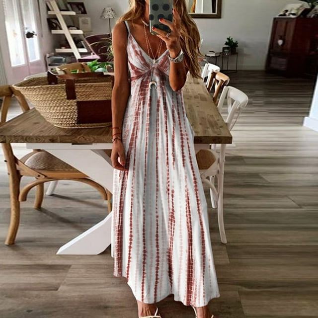 HKEJIAOI Robes de Cocktail Offres Liquidation Cadeau de la Saint-Valentin Femmes Teinture sur Nœuds Plage Chandail Maxi Boho Robe d'Été Dames Ample Longue Robe Nuisette Rouge