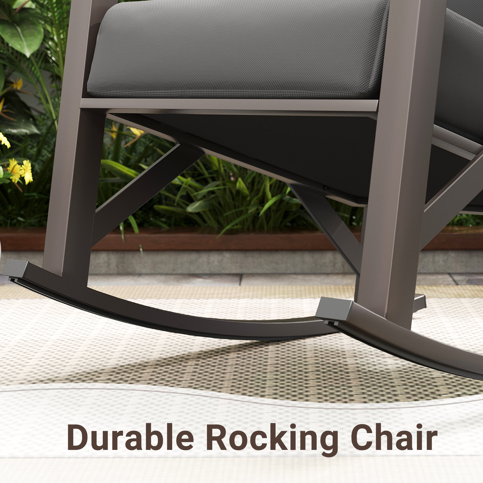 MRUAKA Rocking Chair Bistro Set,3 Piece Outdoor Patio Furniture Set with 2 Rockers and 1 Metal Coffee Table with Thick Cushions for Porch,Backyard,Poolside,Dark Grey