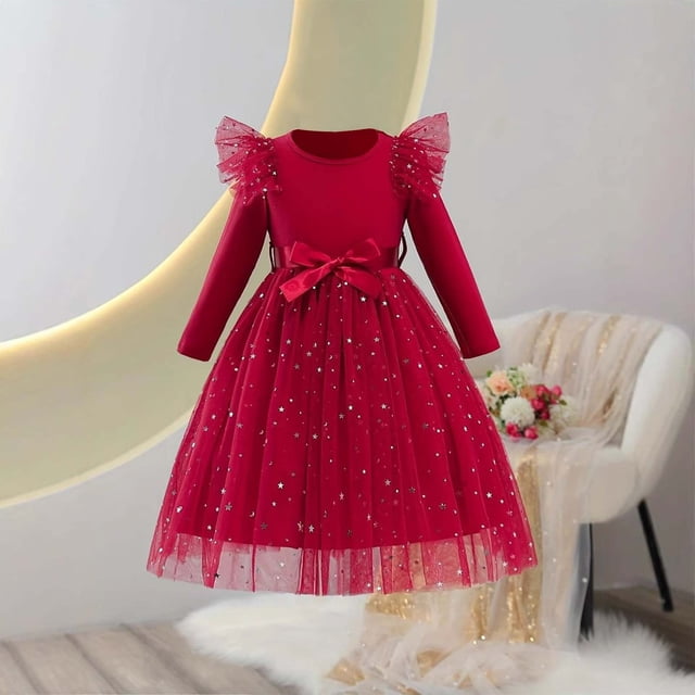 YUNAFFT Robe Fille Col Rond Manches Volantées Manches Longues Robe de Fête à Paillettes avec Nœud Élégante Charmant