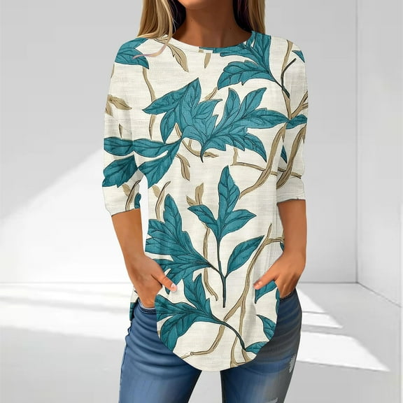 Womens Tops Plus Size under $5 3/4 Sleeves Printed Round Neck Casual Non-Positioned T-Shirt Sky Blue S