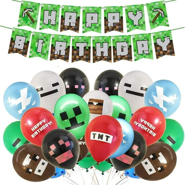 19 piezas de decoraciones de cumpleaños de Minecraft, suministros para fiestas con temática de juegos, que incluyen (1 pieza) pancarta de feliz cumpleaños (18 piezas) globos, decoración para