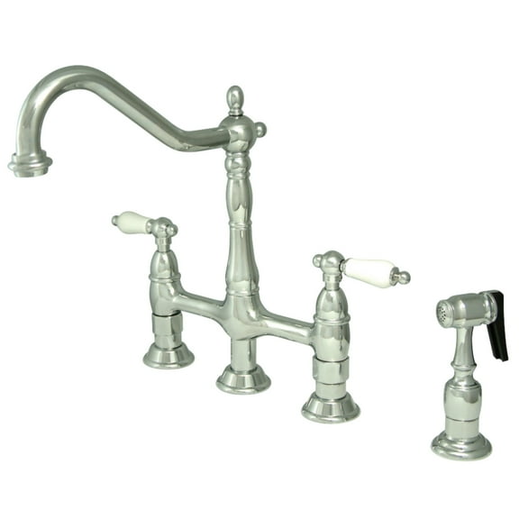 Kingston Brass KS1271PLBS Heritage Bridge Kitchen Faucet with Brass Sprayer, Polished Chrome