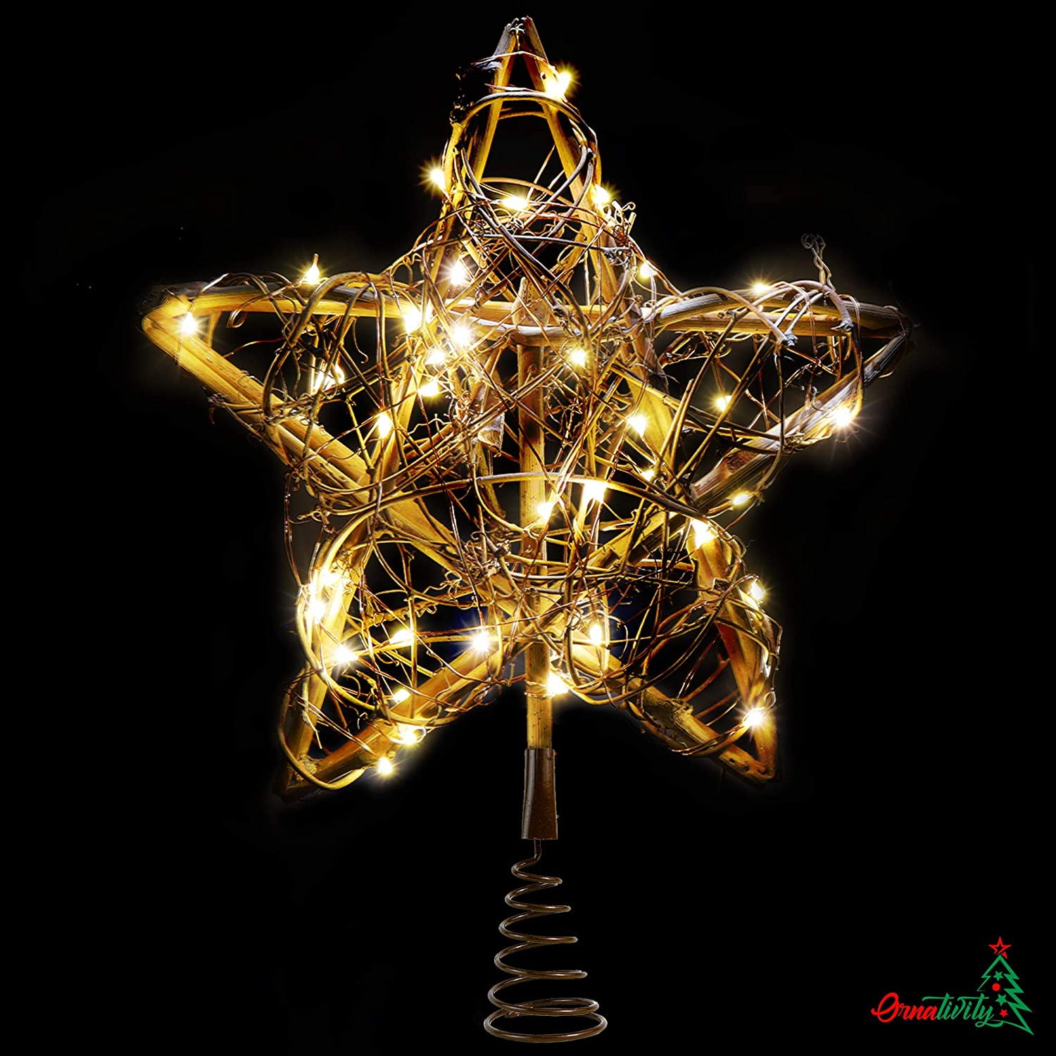 CALIDAKA Star Christmas Tree Topper Rattan Natural Star Treetop for Christmas Tree Treetop Decorations,Easy Install DIY Christmas Star Decorative Light,Springy Star with LED Lights
