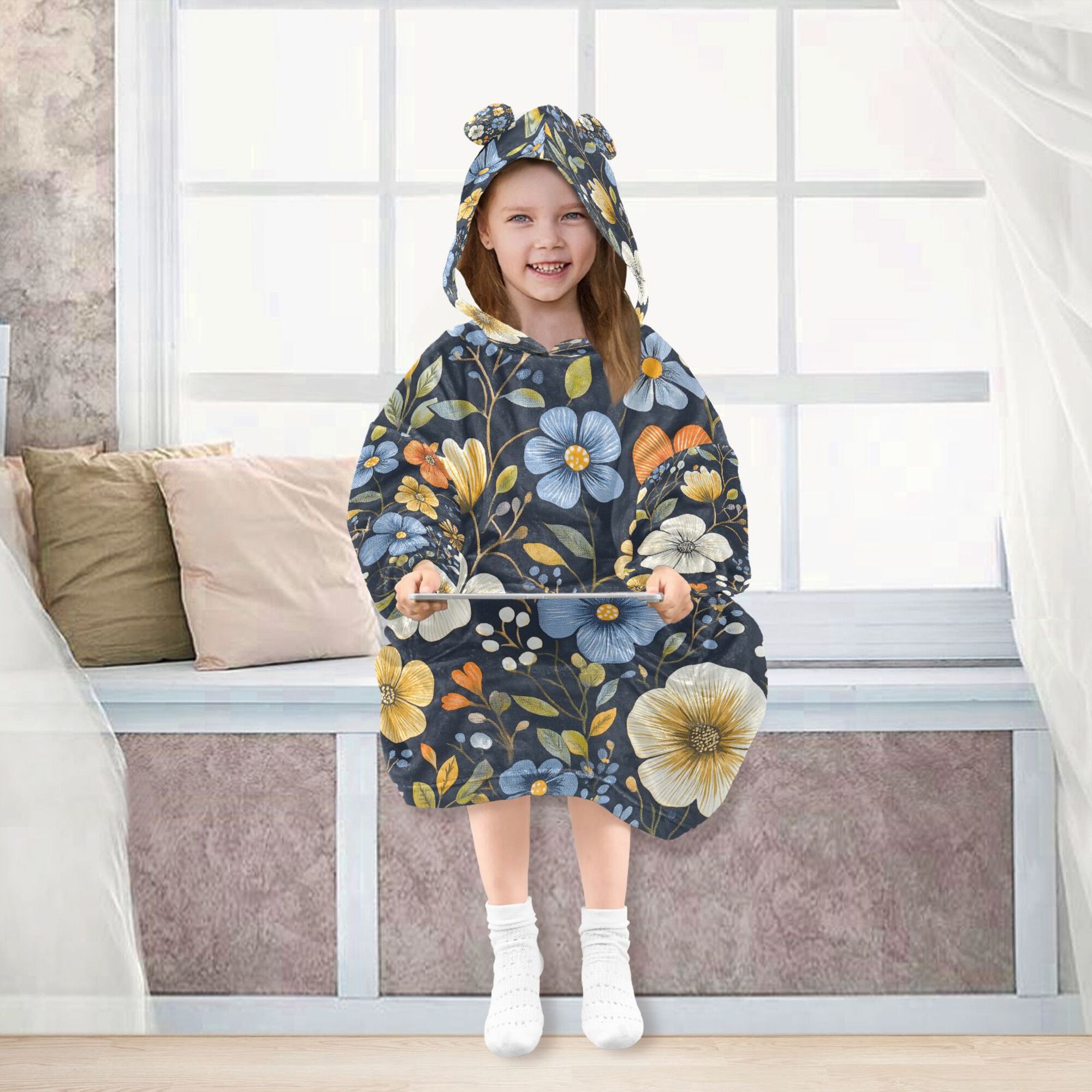 FORMRS Wearable Blanket Hoodie with Sleeves for Kids Cozy Flannel Sweatshirt, Navy Floral Pattern