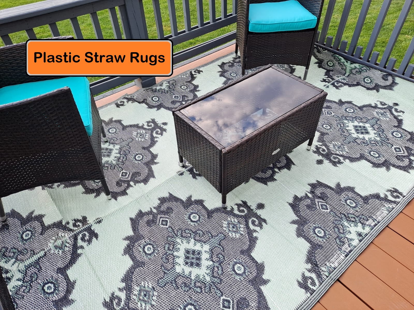 BalajeesUSA Outdoor Rugs Plastic Straw Patio Mat 6' x 9' Grey Green Reversible Portable Waterproof RV Camper