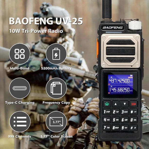 Baofeng UV 25 Walkie Talkie de Mano de 10W | Radio de Dos Vías con Cable de Programación USB