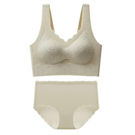 TUWABEII Women s Bralettes Seamless Large Size Backing Sling Traceless Gathered Back Underwear Two-piece Underwear Suit Wireless T-Shirt Bra