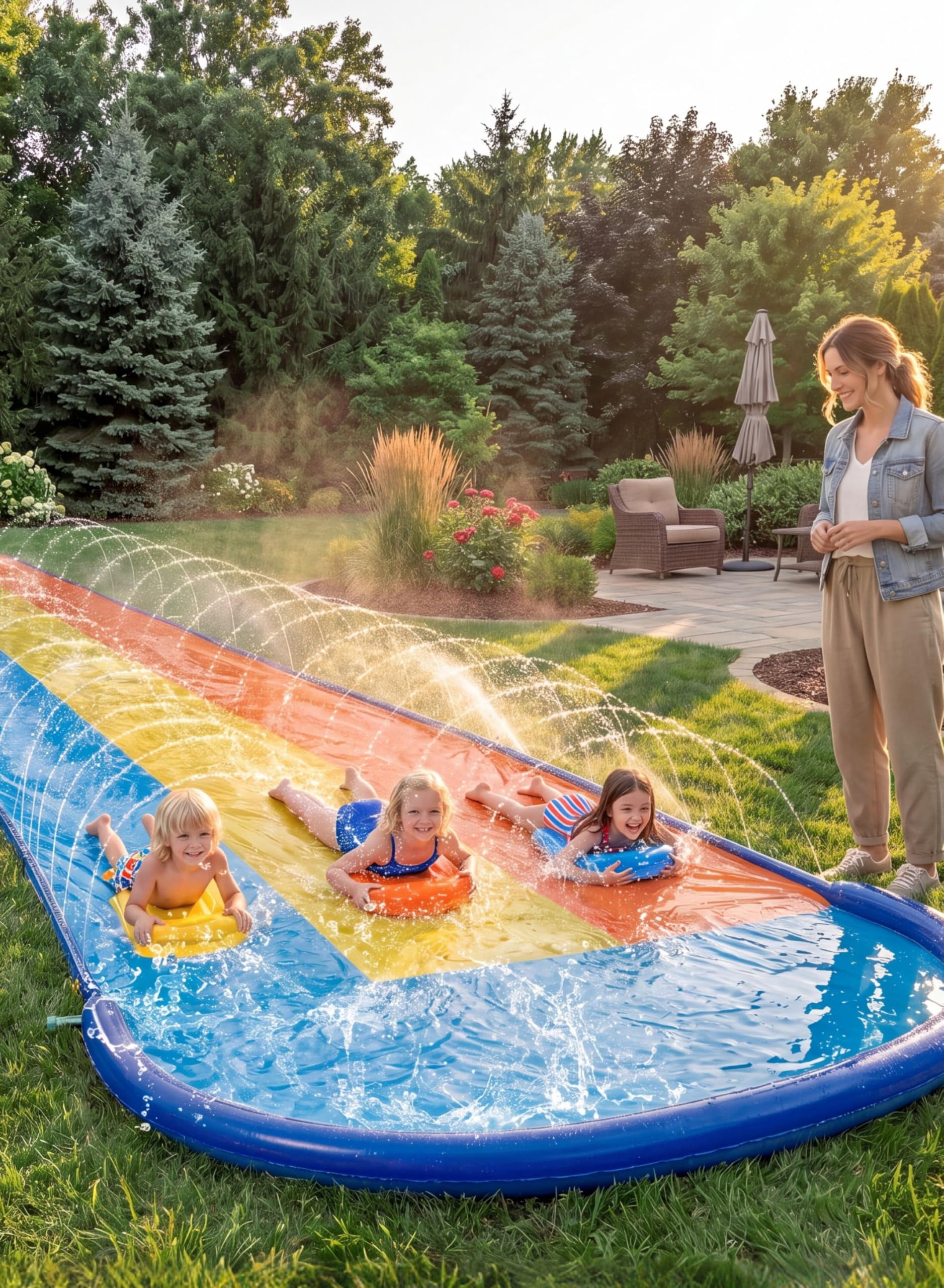 18ft Triple Water Slide with Bodyboards, Backyard Lawn Summer Water Play