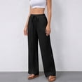 thumbnail image 4 of Womens Palazzo Pants Casual Drawstring Flowy Pants Wide Leg Summer Beach Linen Trousers with Pockets Black M, 4 of 5