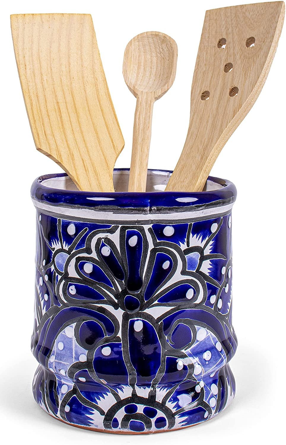 Jayde N Grey Talavera Hand Painted Ceramic Utensil Holder Canister Crock For Cooking Spoons For An Organized Colorful Kitchen Cobalt Blue Multi 
