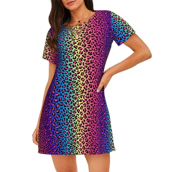 Vsdgher Leopard Neon Rainbow Gradient Pattern Womens Short Sleeve Sleepshirt Scoopneck Cute Nightdress Ruffle Comfy Nightgown