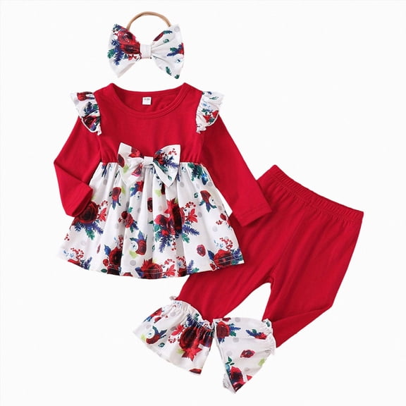 yboeqw Toddler Girl Clothes 3 Piece Ruffle Long Sleeve Top and Flare Pants 3pcs Fall Winter Girl Outfits with Headband,Size 2-3 Years
