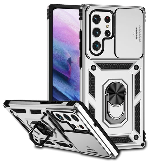 JTCASES for Samsung Galaxy S22 Ultra Case, Heavy Duty Protection Magnetic Car Mount Rotating Stand [Slide Camera Window] Rugged Shockproof Anti-fall Shell for Samsung Galaxy S22 Ultra, Silver