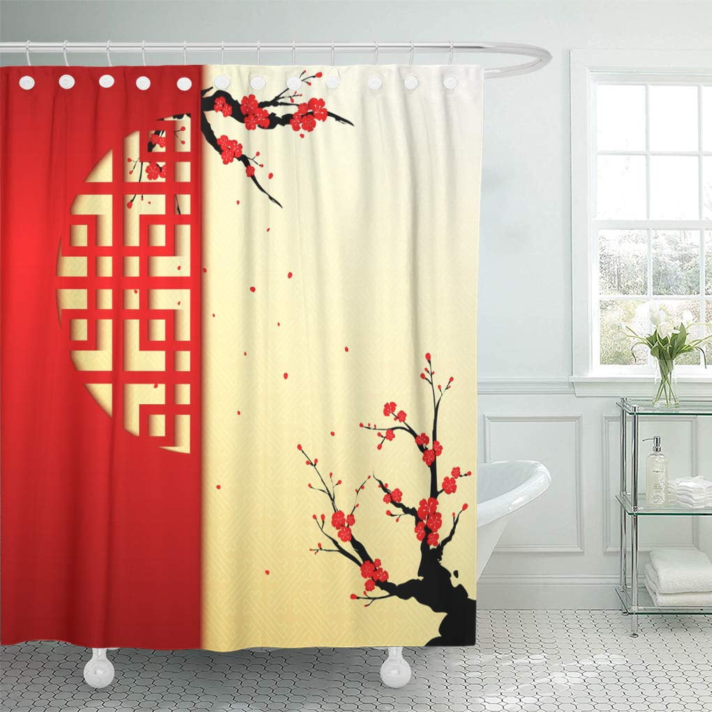 Yusdecor Door New Year Cherry Blossom, Hookless Checkmate Shower Curtain