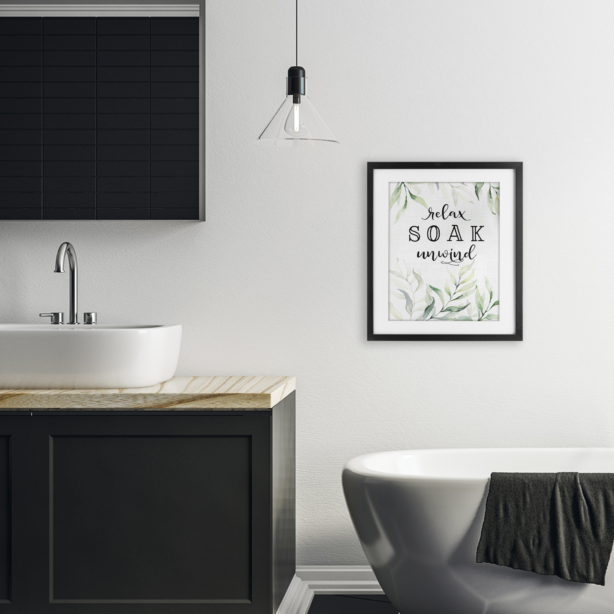 Soak & Unwind with Leaves Black Framed Print Under Glass, design by Lettered and Lined