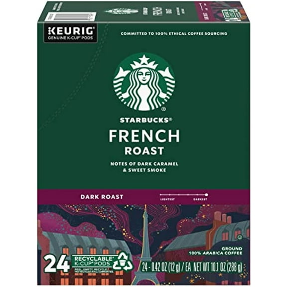 Starbucks Coffee K-Cup Pods, French Roast, Dark Roast Coffee, Notes Of Dark Caramel & Sweet Smoke, Keurig Genuine K-Cup Pods, 24 Ct K-Cups/Box (Pack Of 1 Box)