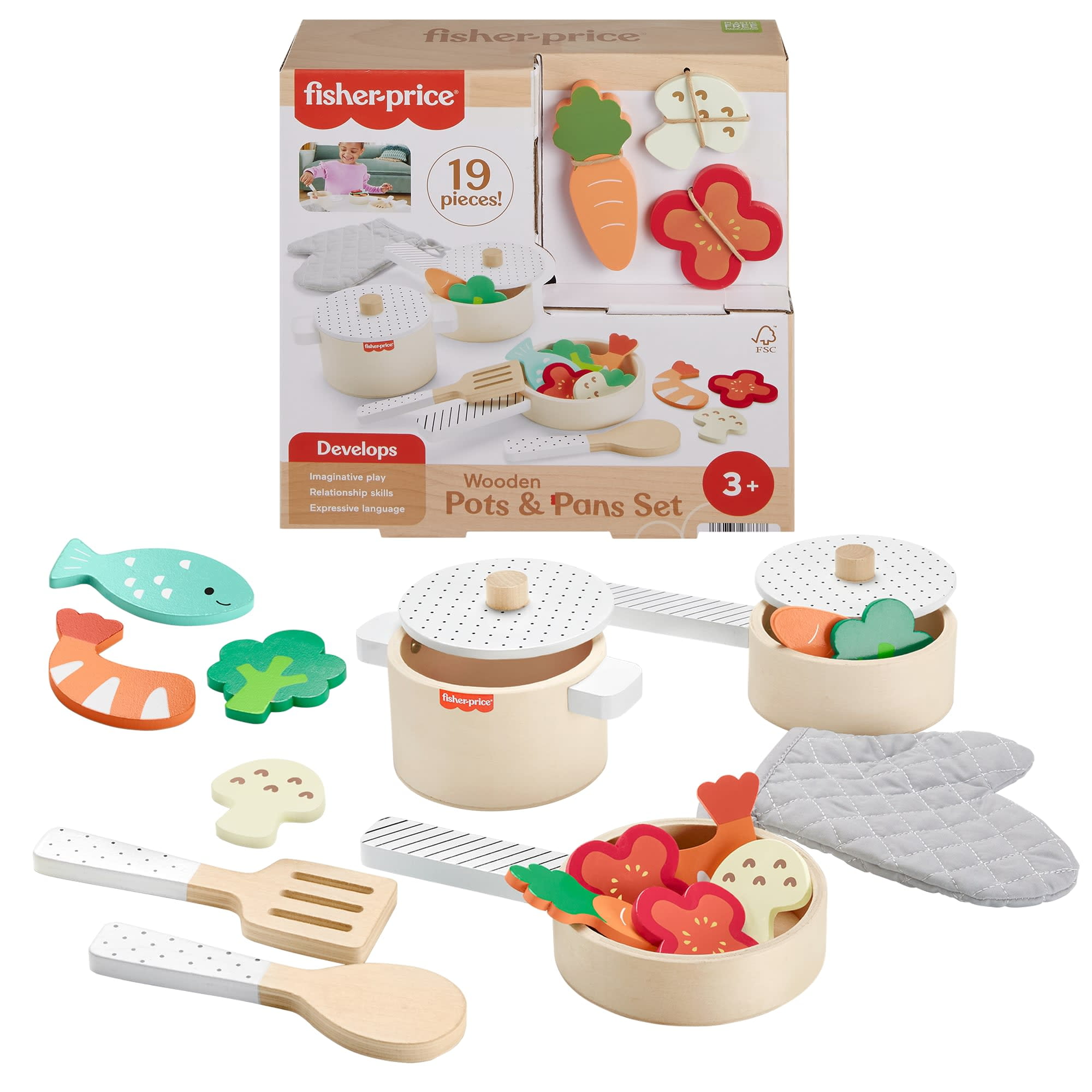 Fisher-Price Wooden Kitchen Pots & Pans Set, 19 Wood Pieces for Preschool Pretend Play, Ages 3+ Years