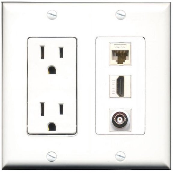 RiteAV - 15 Amp Power Outlet 1 Port HDMI 1 Port BNC 1 Port Cat6 Ethernet Ethernet White Decorative Wall Plate