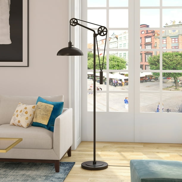 Modern Industrial Pulley System Floor Lamp in contemporary Blackened