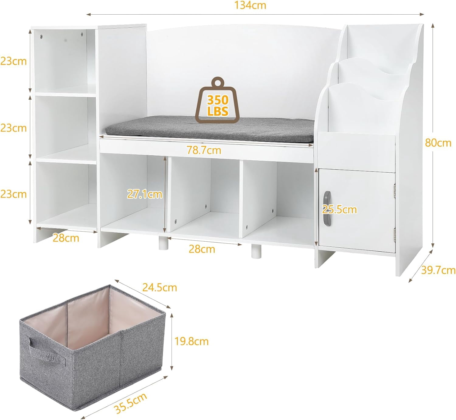 Homfa Kids Bookshelf with Reading Seat Nook 7 Cube Wooden Child Toy Organizer with Adjustable Shelf 31 5 H x 54 5 W White