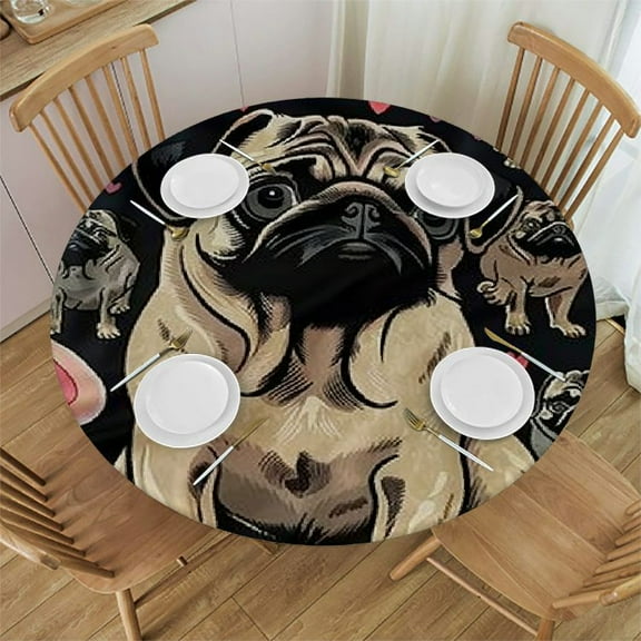 BCIIG Hearts Pugs Round Table Cover Stain Resistant Washable Indoor Outdoor Tablecloth Kitchen Dining Wedding Parties 100% Polyester Full Width Single-Sided Printing Table Cover 31"-35