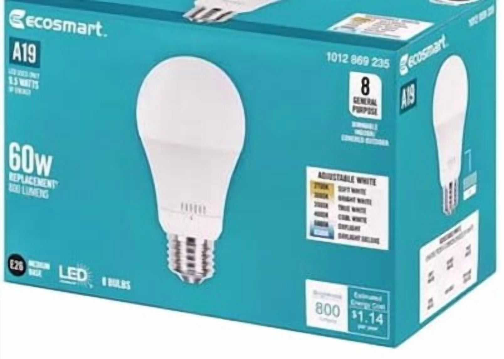 EcoSmart 60-Watt Equivalent A19 E26 Base Dimmable LED Light Bulb with Selectable Color Temperature (8-Pack)