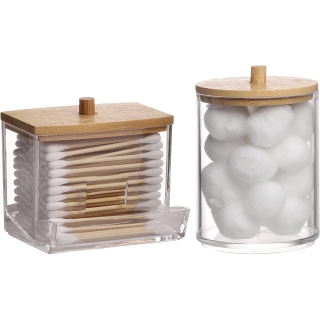 2 recipientes para hisopos de baño con tapas de bambú, dispensador de hisopos de algodón de 10/7 oz, tarro organizador de boticario transparente para almacenamiento.