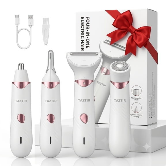 TAZTIR 4-in-1 Women's Electric Shaver Kit for Eyebrows, Nose Hair, Face, and Legs, White