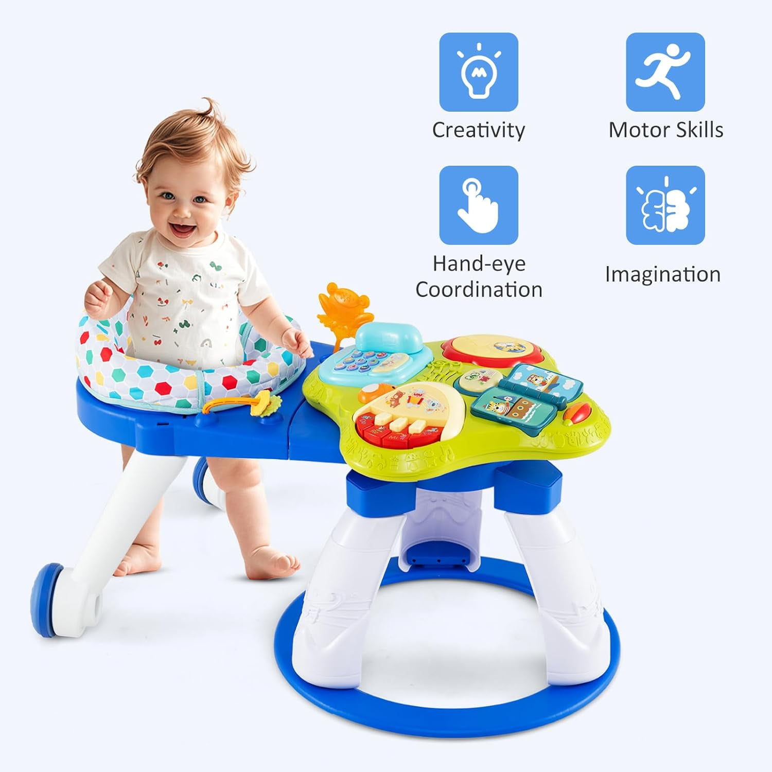 INFANS 3 in 1 Walk Around Baby Activity Center, Baby Walker with Play Table, Wheels, Detachable Seat Cushion, 3 Adjustable Heights, Learning Toys for Boys Girls Aged 6-36 Months