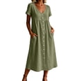 thumbnail image 2 of Horkkom Midi Dresses for Women V Neck Short Sleeve Solid Color Linen Dress Summer Loose Casual Dresses, S-2XL, 2 of 6
