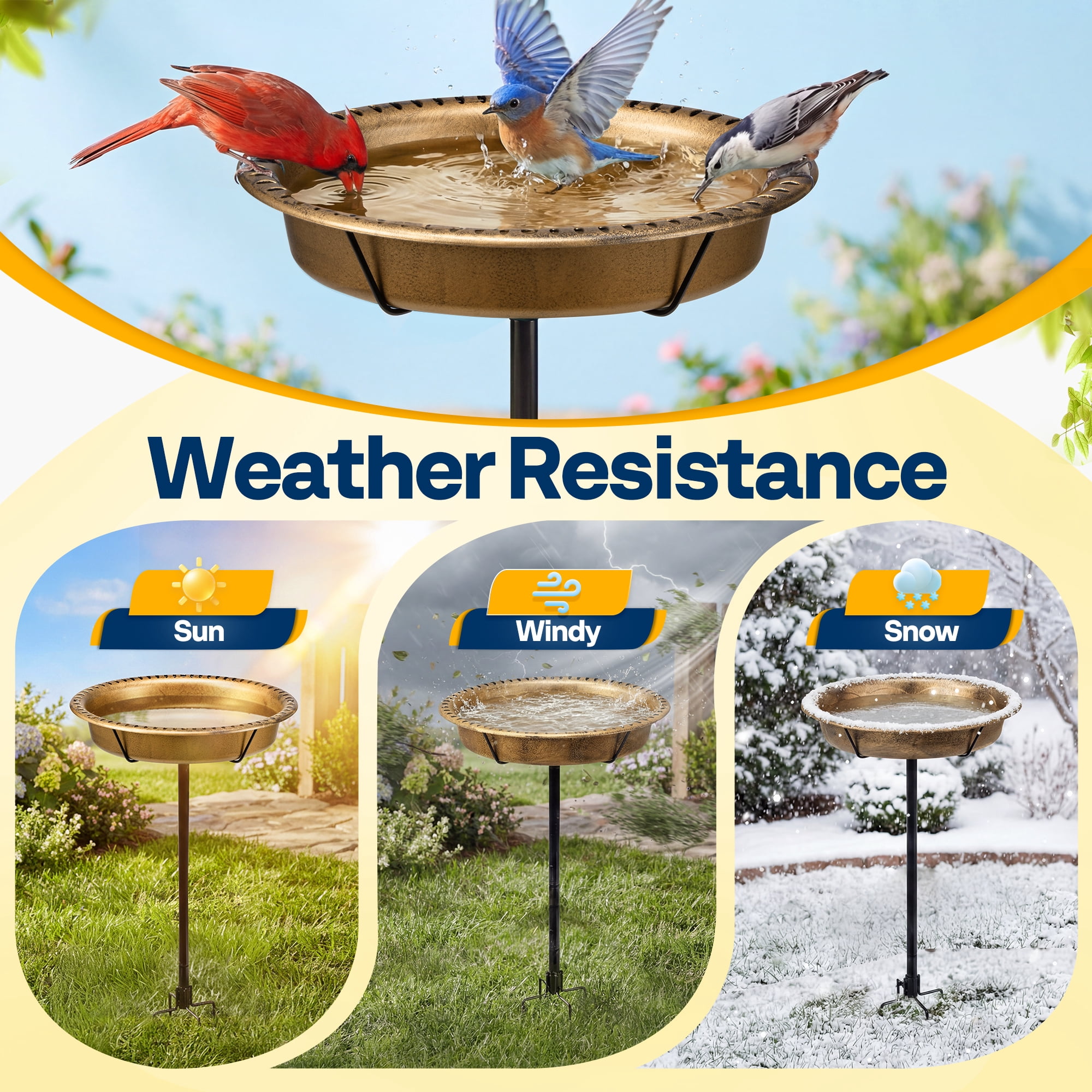 SPECSTAR Oval Bird Bath for Outside, Outdoor Birdbath Bowl with Metal Ground Stake, Weather-Resistant ABS Bird Bath and Feeder for Garden, 1.3 Gallons, Copper