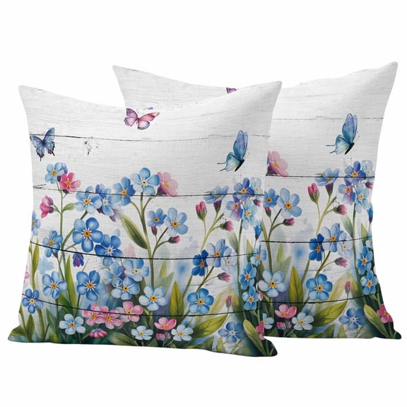 Blue Spring Floral Outdoor Waterproof Pillow Covers, Pink Flowers Butterfly Wooden Watercolor Decorative Square Throw Pillowcase Sofa Cushion Sham for Patio/Couch/Chair, 24"x24" 2 Pack