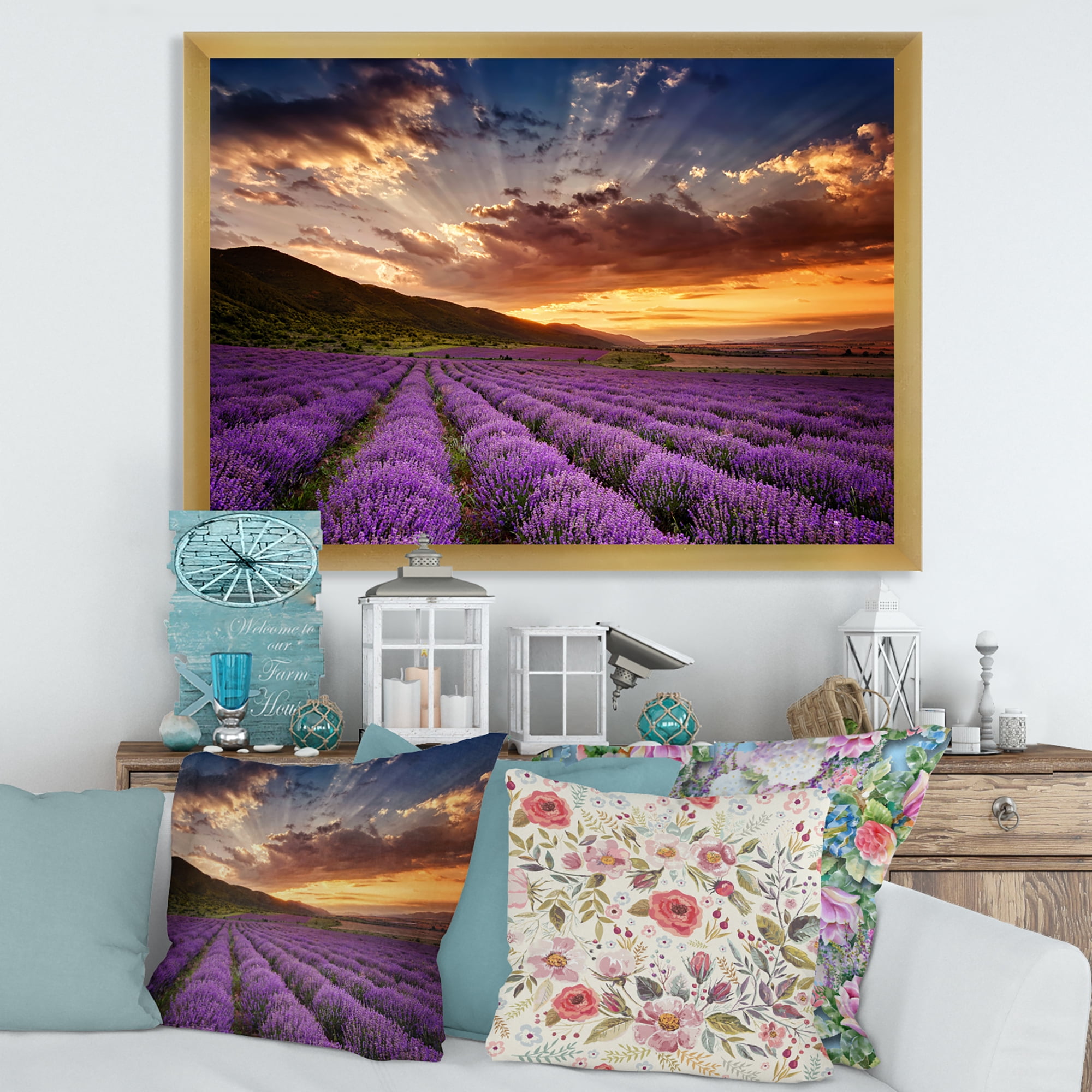 Designart 'Dramatic Clouds and Sunrise Over Lavender Field X' Farmhouse Framed Art Print