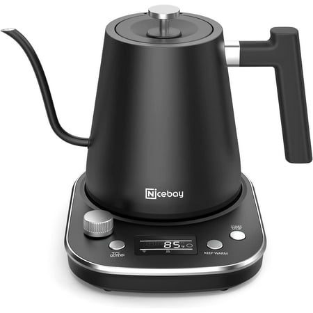 

Nicebay Electric Gooseneck Kettle Electric Kettle with Heating Base with Buttons and LED Display Pure Stainless Steel Inner Electric Tea Kettle 1200W Fast Heating Pour Over Coffee Kettle 0.8L