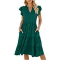 thumbnail image 2 of Ayolanni V-Neck Vacation Dresses for Women Beach Green Short Sleeve Flutter Solid Midi Dresses Warm Dresses for Women XL, 2 of 7