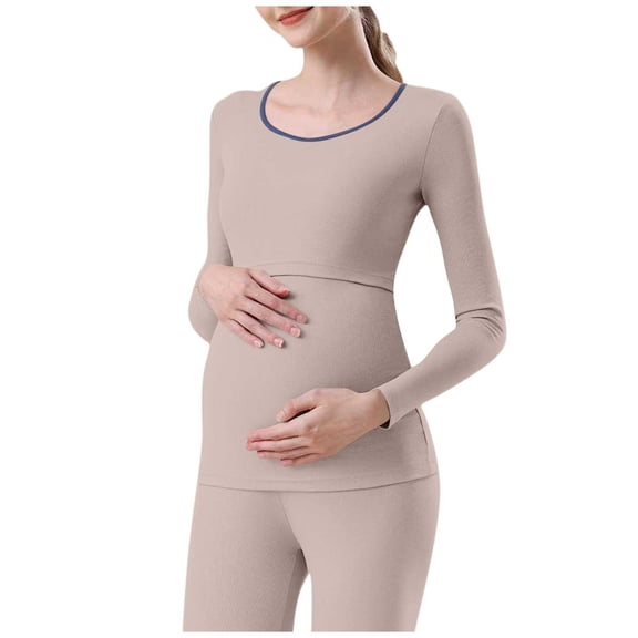 Pregnancy Tops for Women Long Sleeve Cotton Stretchy Soft Maternity Mama Tops Round Neck Basic Tunic Tees (XL, Khaki)