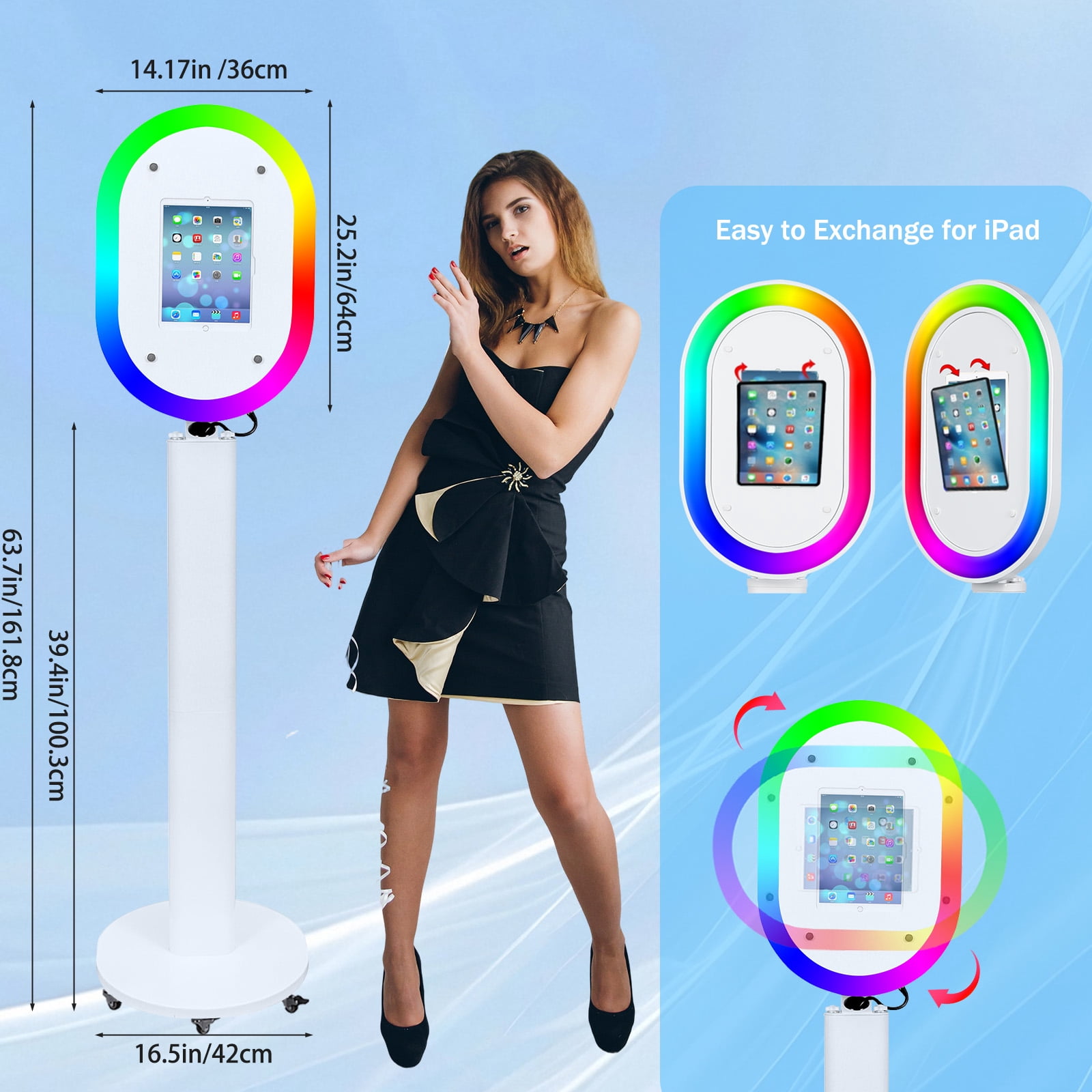 Portable iPad Photo Booth Stand with RGB Ring Light - Compatible with 10.2" to 13" iPad Pro/Air, Party Selfie Station for Weddings & Corporate Events (White/Flight Case)​