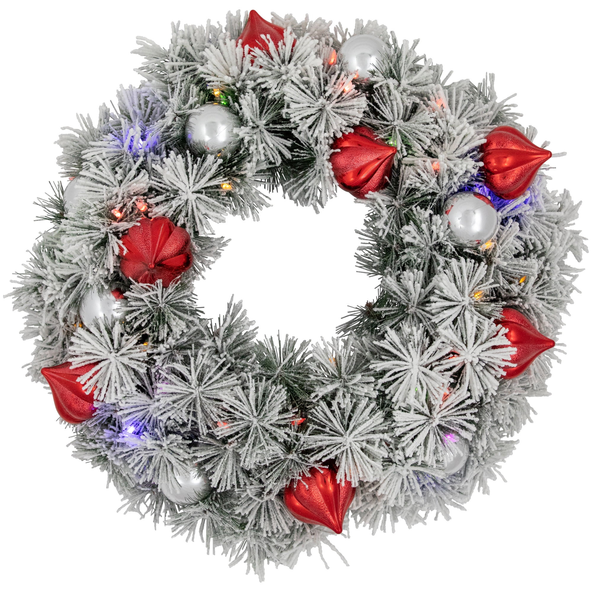 Pre-Lit Snowy Bristle Pine Christmas Wreath 24-Inch Warm White and Multi LED Lights