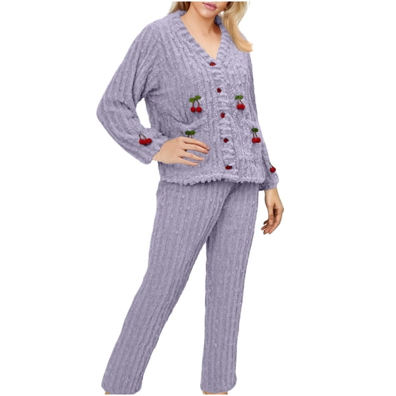 Tnhcen Women's Pajama Set Double - faced Fleece Spring Thermal Sleepwear Cozy Fuzzy Pajamas Plus Size S - XL Long Sleeve Button Front Cherry Embroidered Loungewear