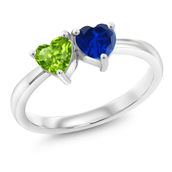 Gem Stone King 1.11 Cttw Double Heart Shape Green Peridot Blue Created Sapphire Ring for Women | 925 Sterling Silver | Gemstone Birthstone | Wedding Engagement Anniversary Promise Ring | Size 7