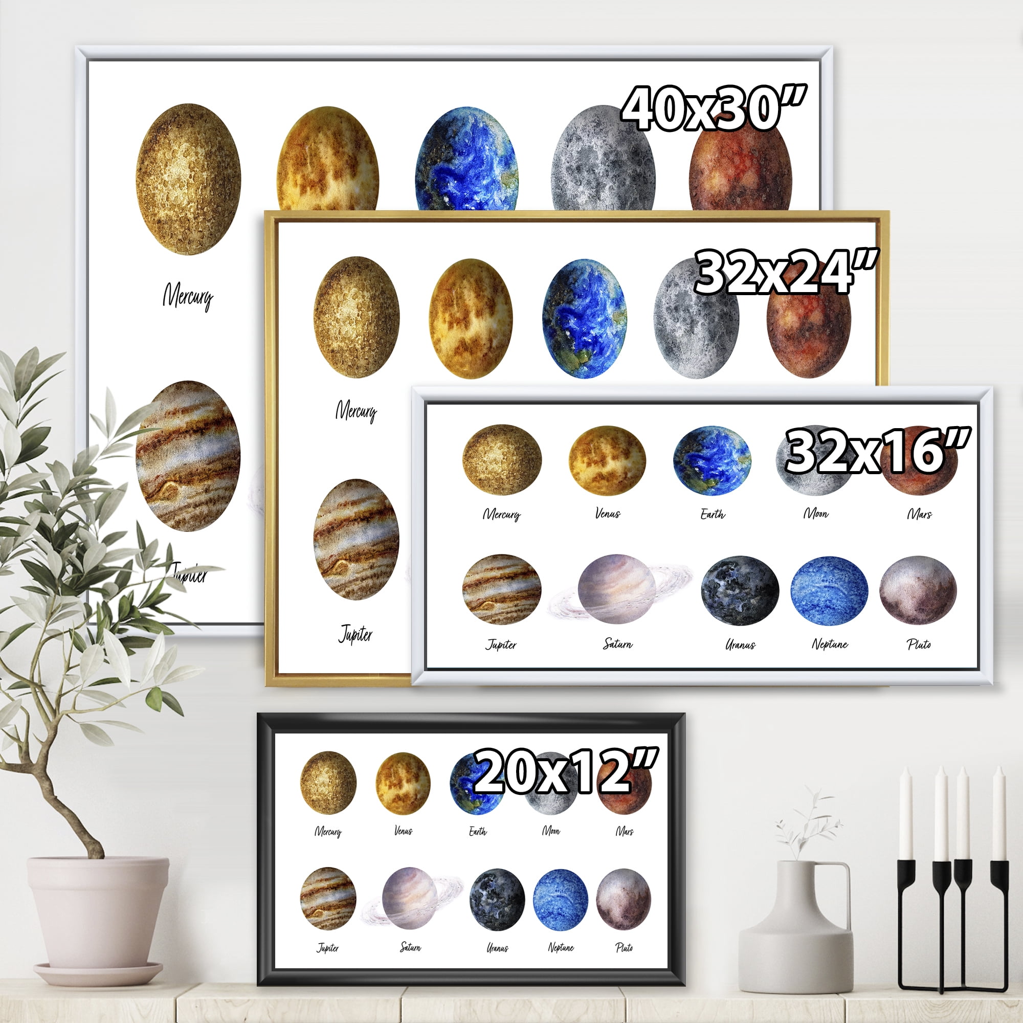 Designart 'All Planets United On White' Modern Framed Canvas Wall Art Print
